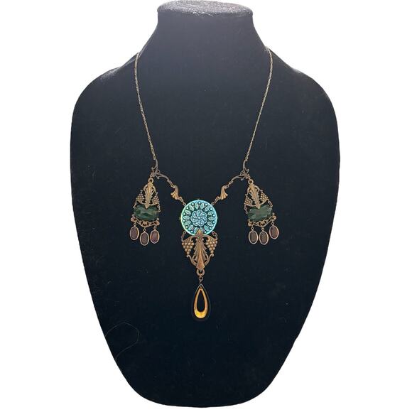 Sadie Green Art Nouveau Revival Bronze & Purple Green Glass Necklace Earring Set - Picture 7 of 9